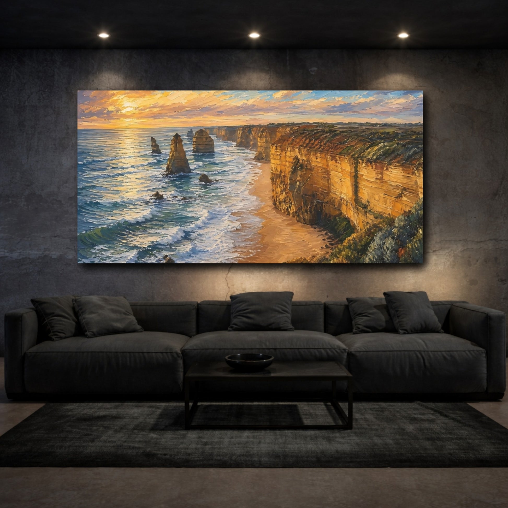 Mockup 2. Nature Coastal Cliffs Coastal Sunset shown as stretched canvas wall art