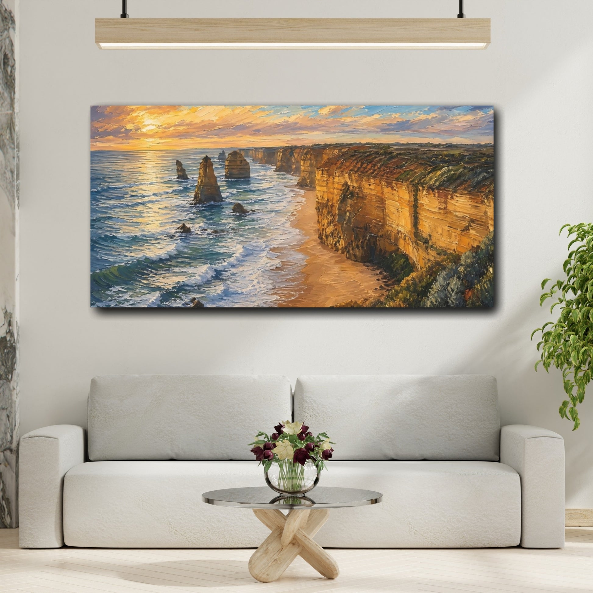 Mockup 3. Nature Coastal Cliffs Coastal Sunset shown as stretched canvas wall art