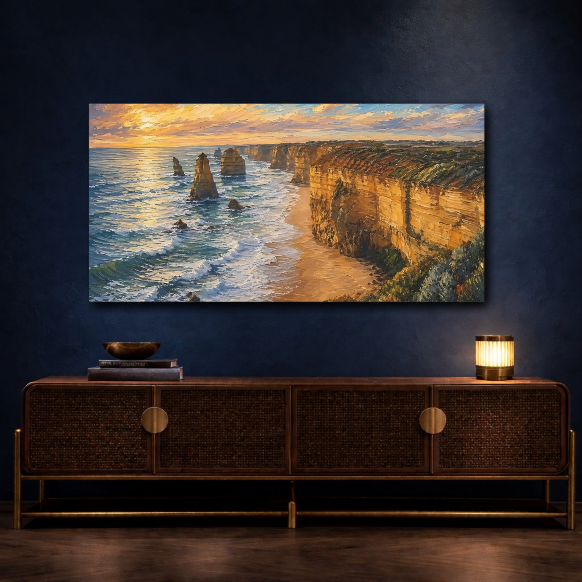 Mockup 4. Nature Coastal Cliffs Coastal Sunset shown as stretched canvas wall art