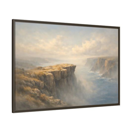Main Mockup. Nature Coastal Cliffs Misty Coastal Scene shown as stretched canvas wall art