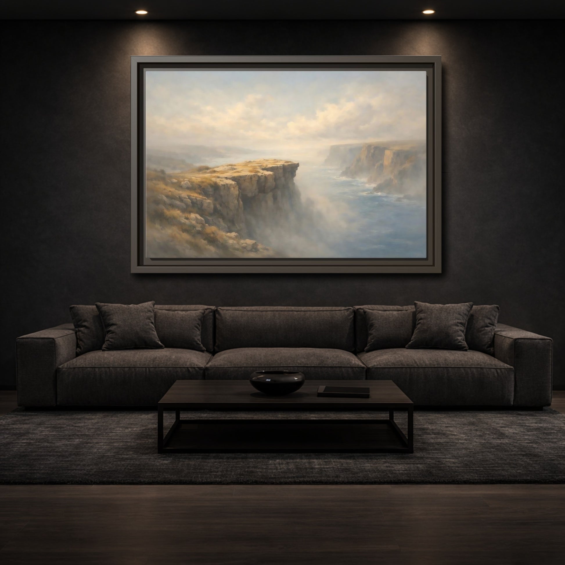 Mockup 2. Nature Coastal Cliffs Misty Coastal Scene shown as stretched canvas wall art