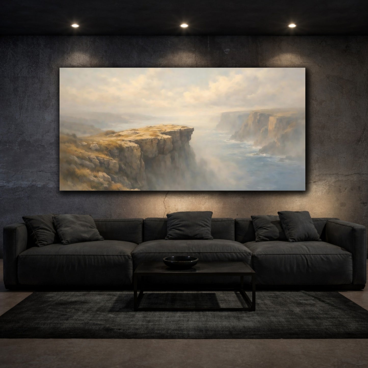 Mockup 2. Nature Coastal Cliffs Misty Coastal Scene shown as stretched canvas wall art