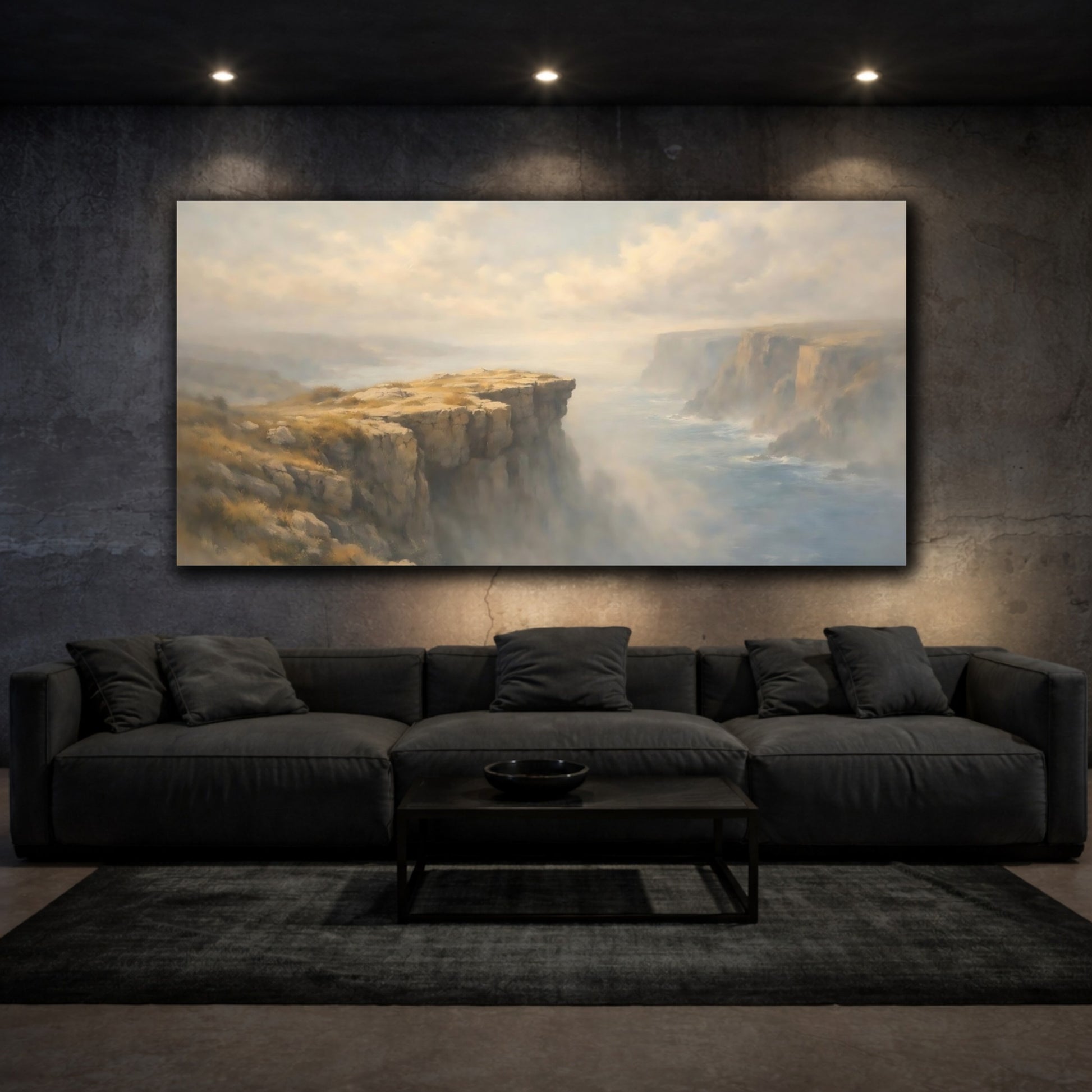 Mockup 2. Nature Coastal Cliffs Misty Coastal Scene shown as stretched canvas wall art