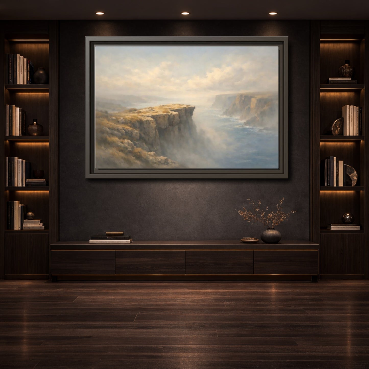 Mockup 3. Nature Coastal Cliffs Misty Coastal Scene shown as stretched canvas wall art