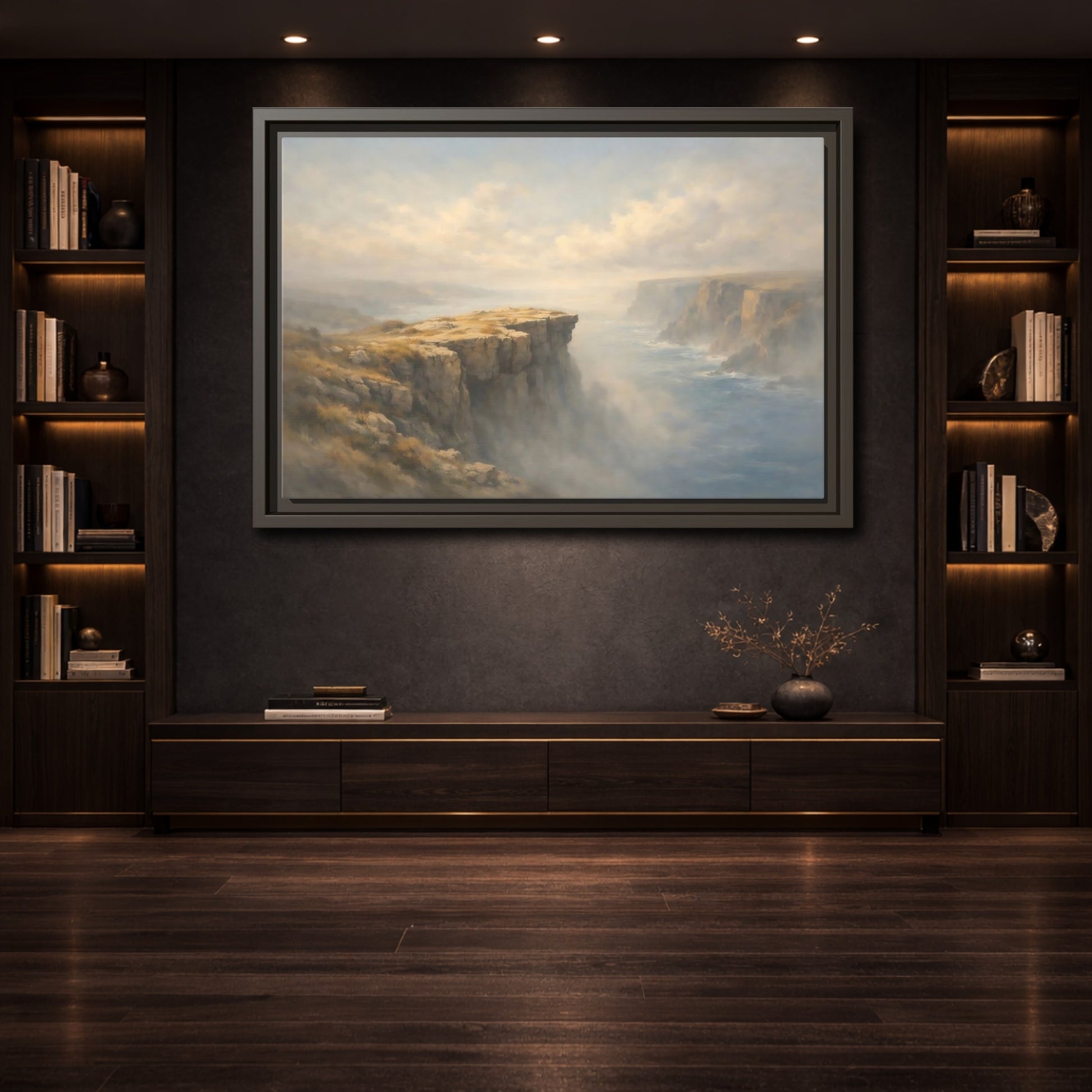 Mockup 3. Nature Coastal Cliffs Misty Coastal Scene shown as stretched canvas wall art
