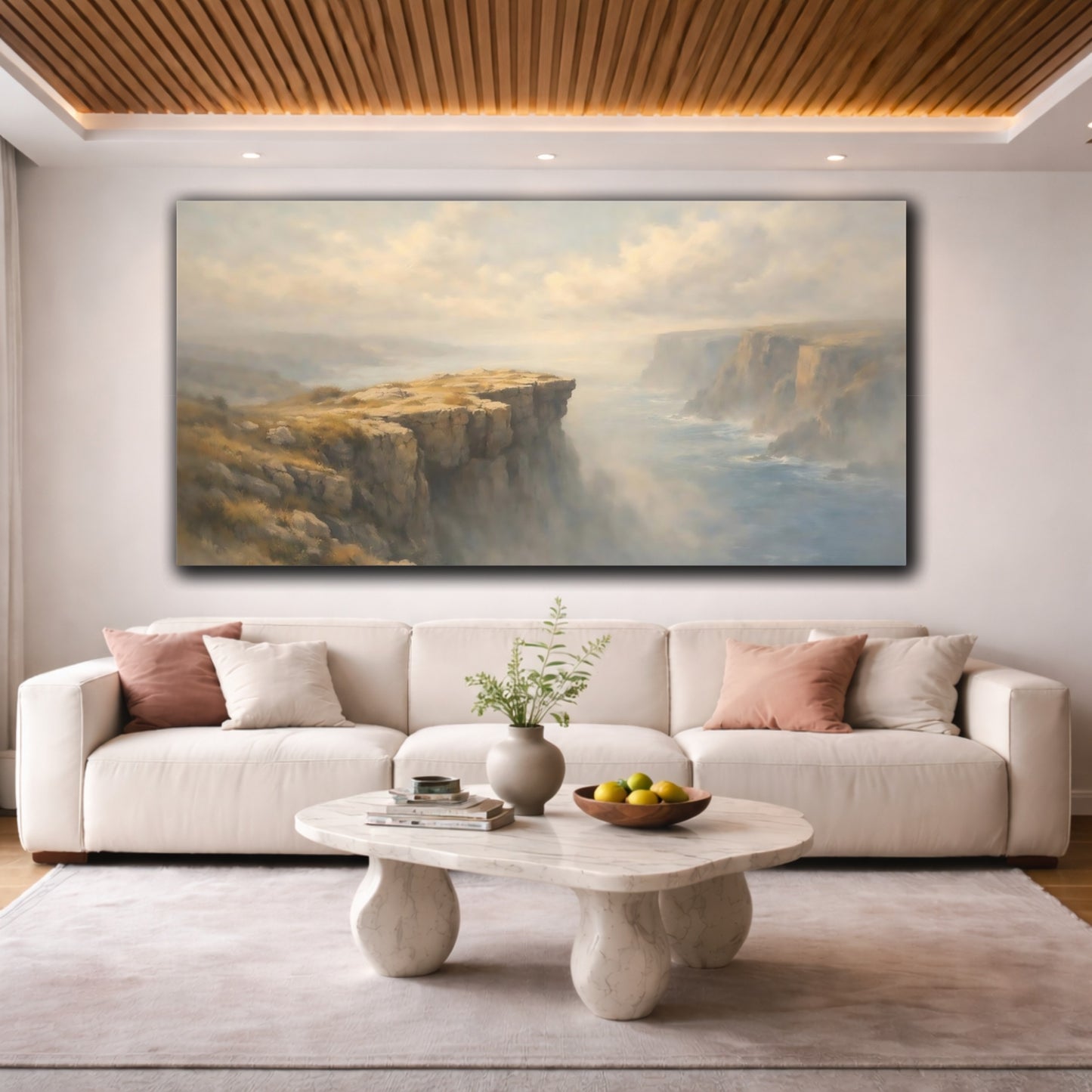 Mockup 3. Nature Coastal Cliffs Misty Coastal Scene shown as stretched canvas wall art