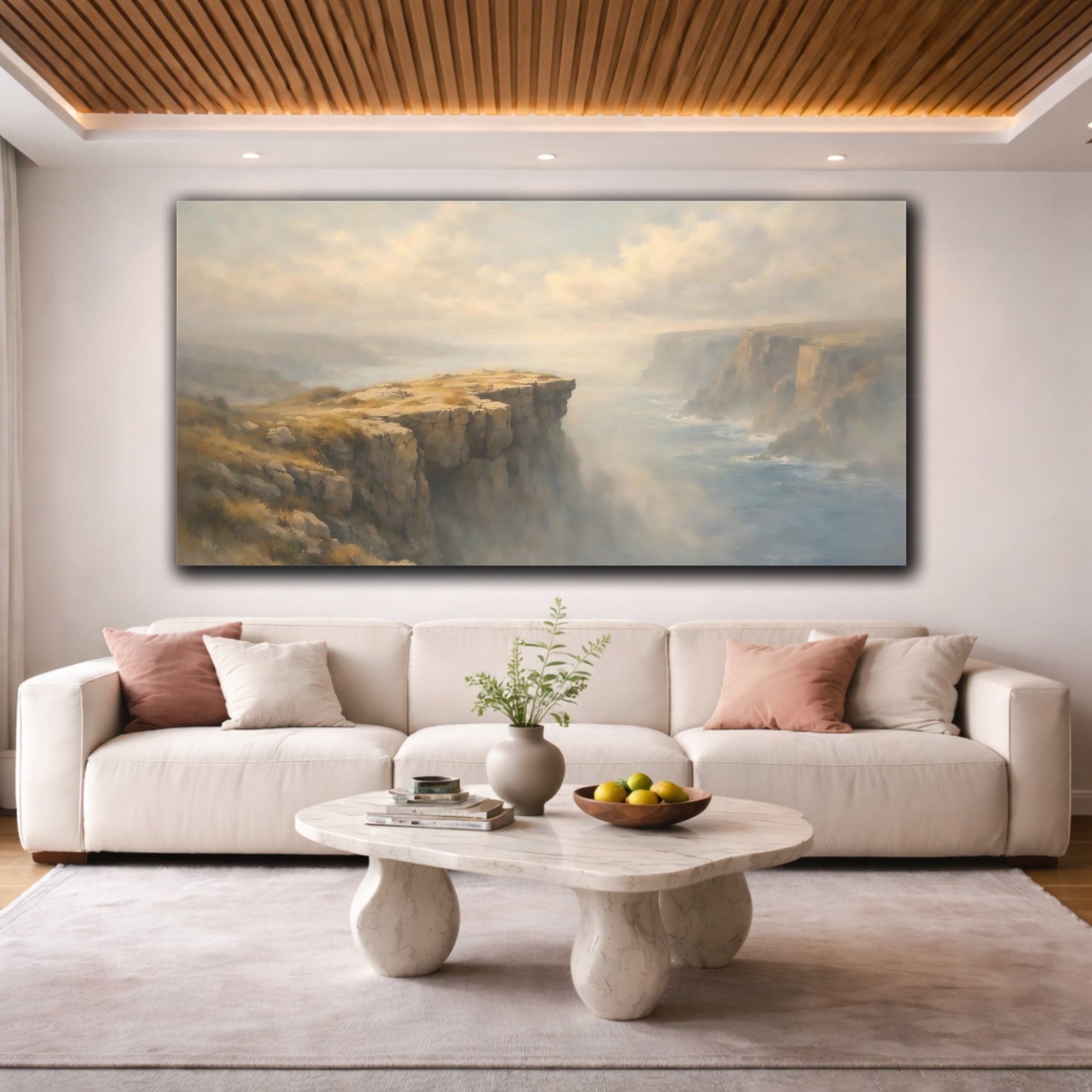 Mockup 3. Nature Coastal Cliffs Misty Coastal Scene shown as stretched canvas wall art