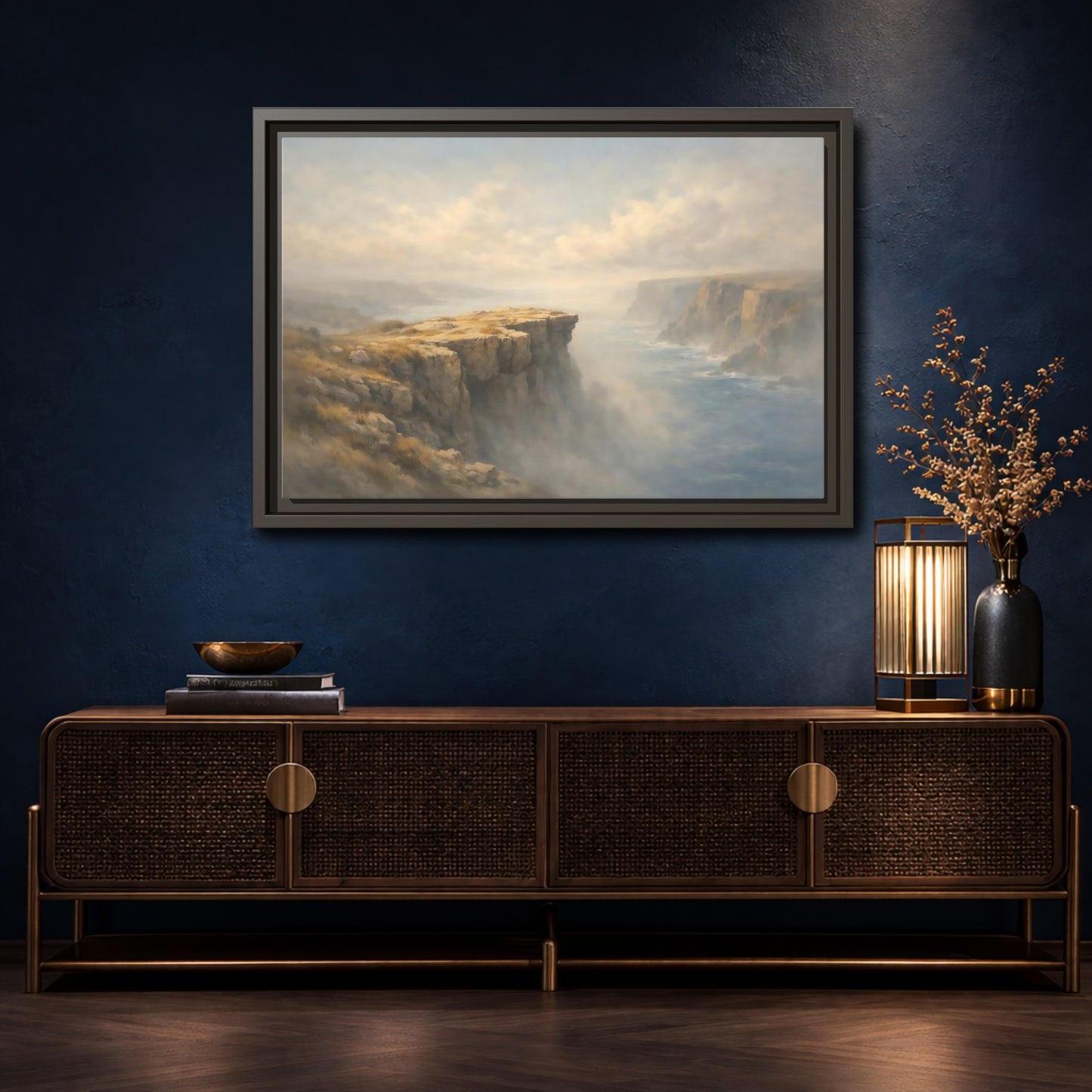 Mockup 4. Nature Coastal Cliffs Misty Coastal Scene shown as stretched canvas wall art