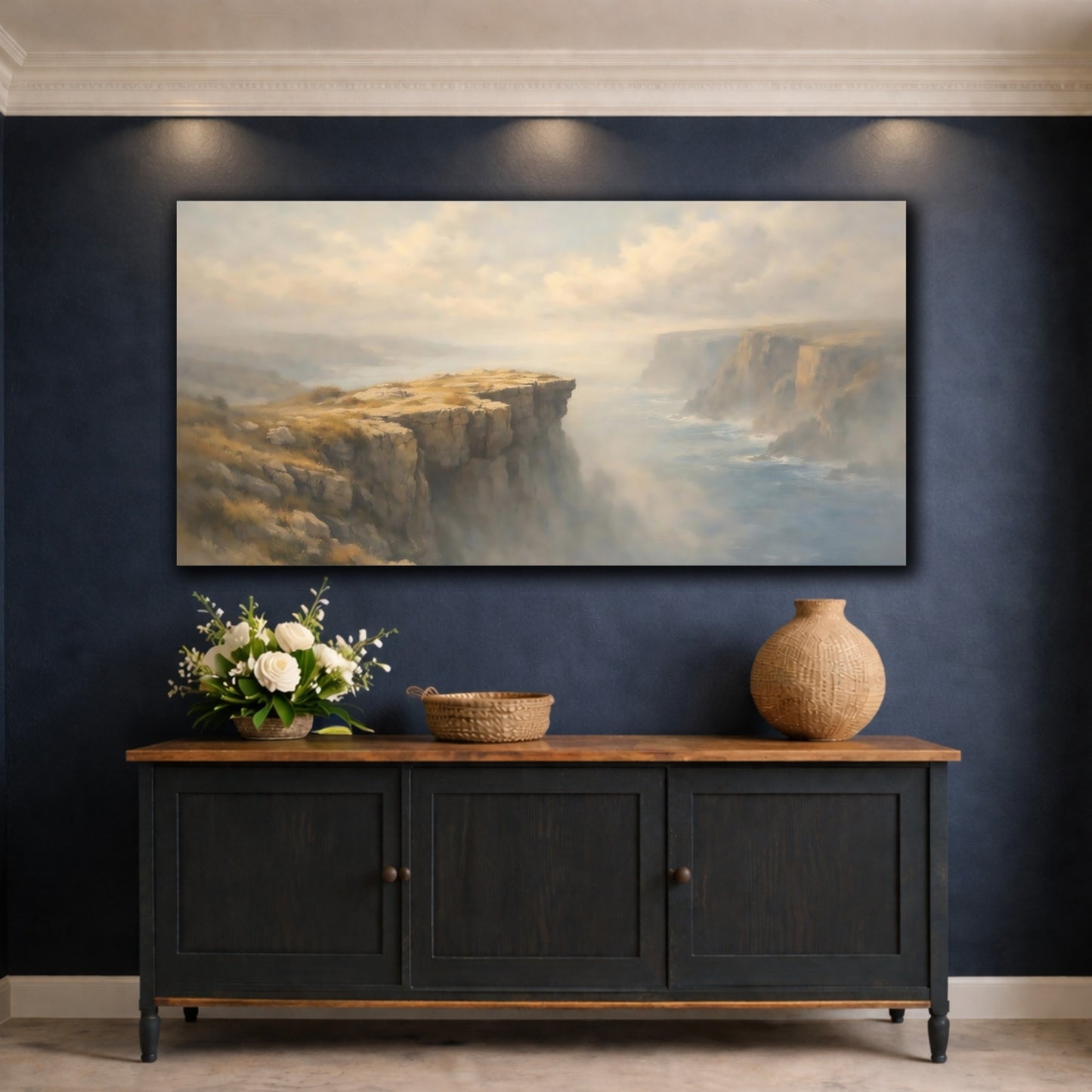 Mockup 4. Nature Coastal Cliffs Misty Coastal Scene shown as stretched canvas wall art