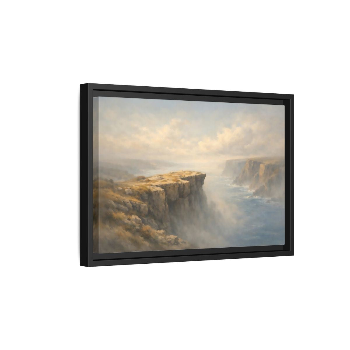 Side Mockup 6. Nature Coastal Cliffs Misty Coastal Scene shown as stretched canvas wall art