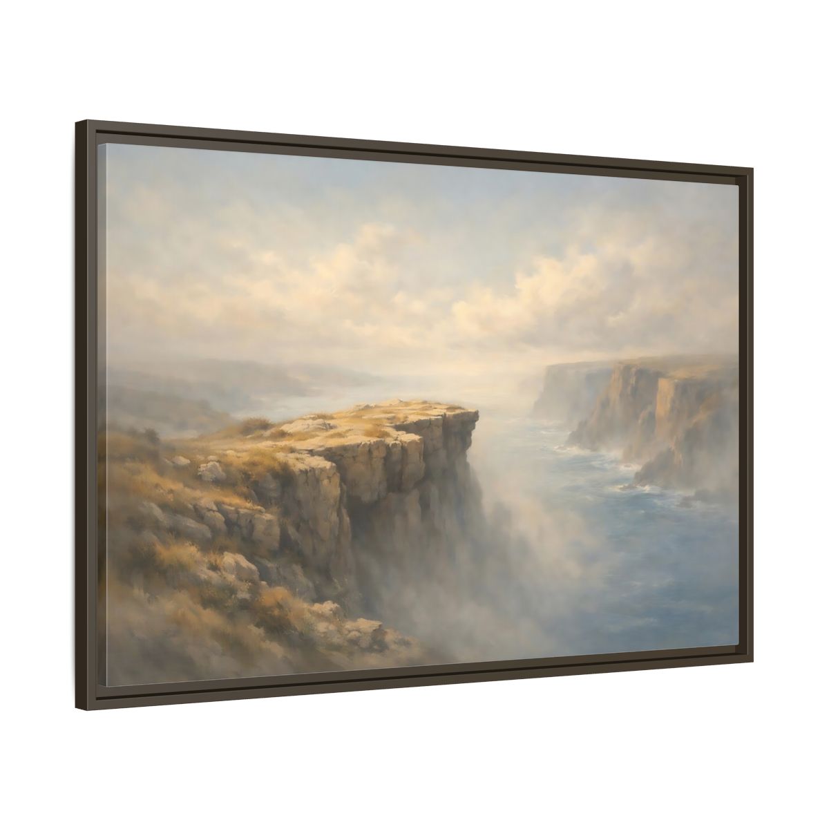 Side Mockup 9. Nature Coastal Cliffs Misty Coastal Scene shown as stretched canvas wall art