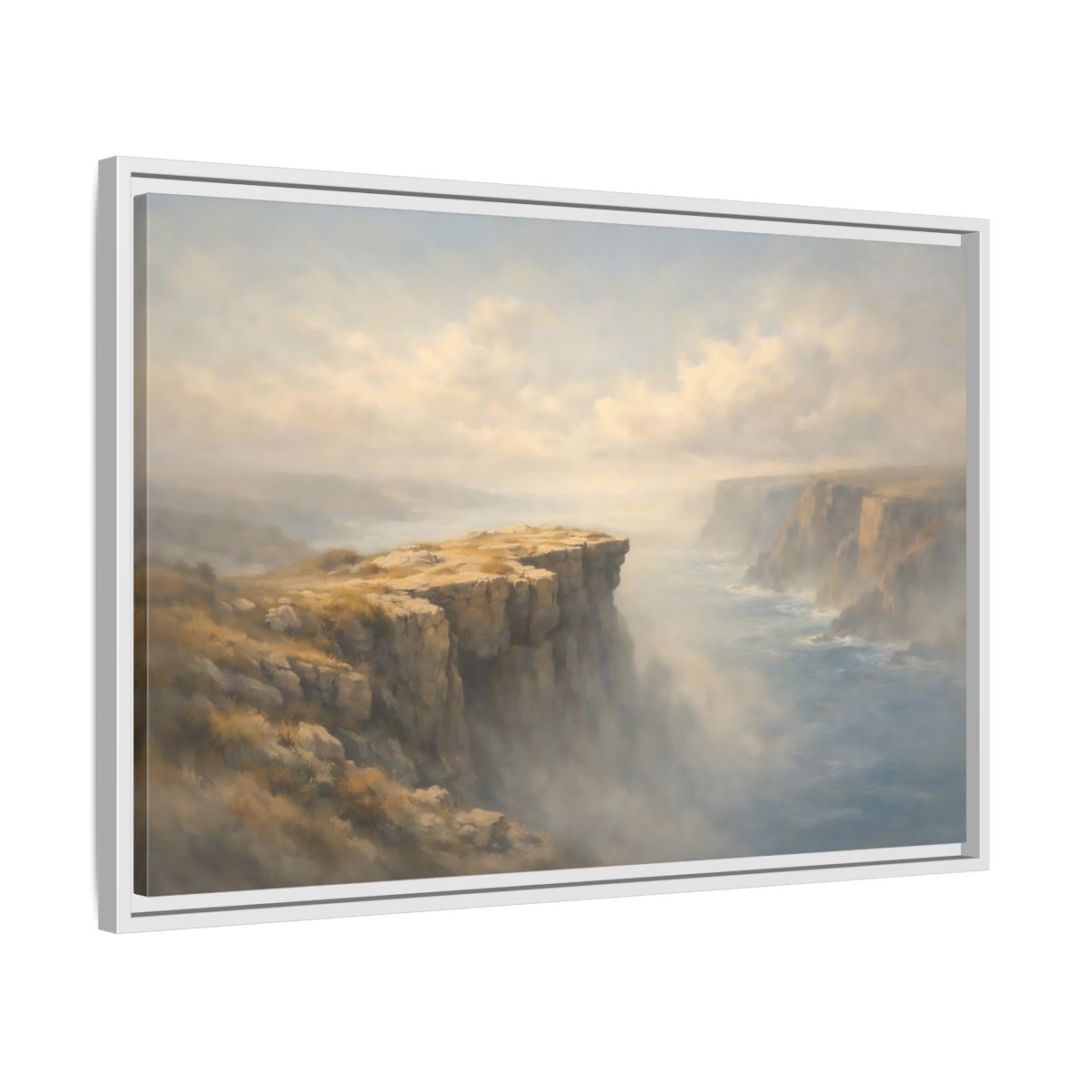 Side Mockup 10. Nature Coastal Cliffs Misty Coastal Scene shown as stretched canvas wall art
