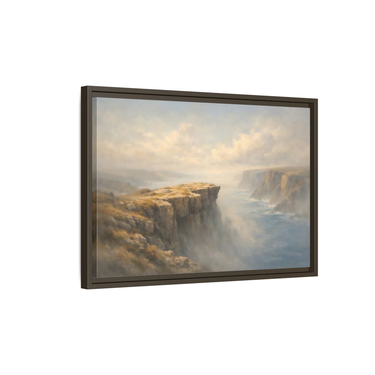 Side Mockup 2. Nature Coastal Cliffs Misty Coastal Scene shown as stretched canvas wall art