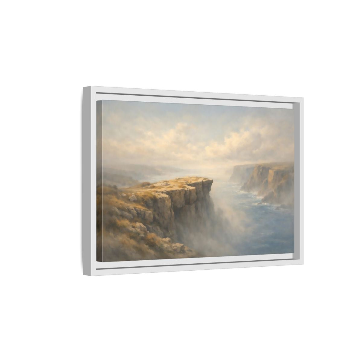 Side Mockup 4. Nature Coastal Cliffs Misty Coastal Scene shown as stretched canvas wall art