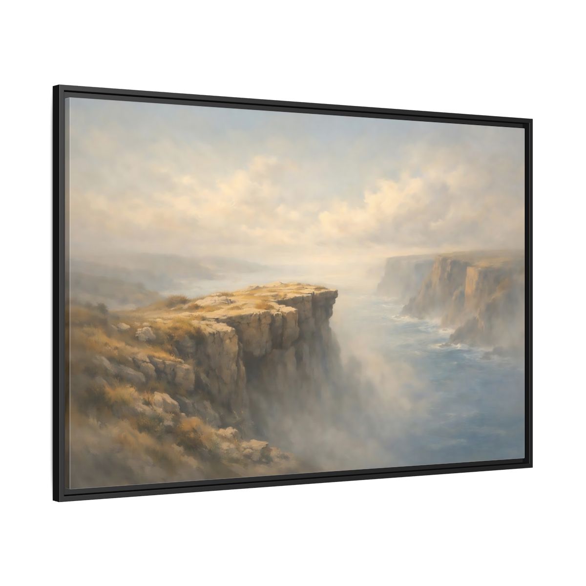 Side Mockup 12. Nature Coastal Cliffs Misty Coastal Scene shown as stretched canvas wall art