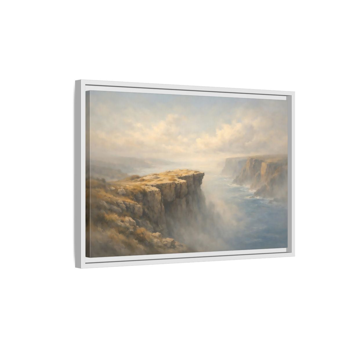 Side Mockup 1. Nature Coastal Cliffs Misty Coastal Scene shown as stretched canvas wall art