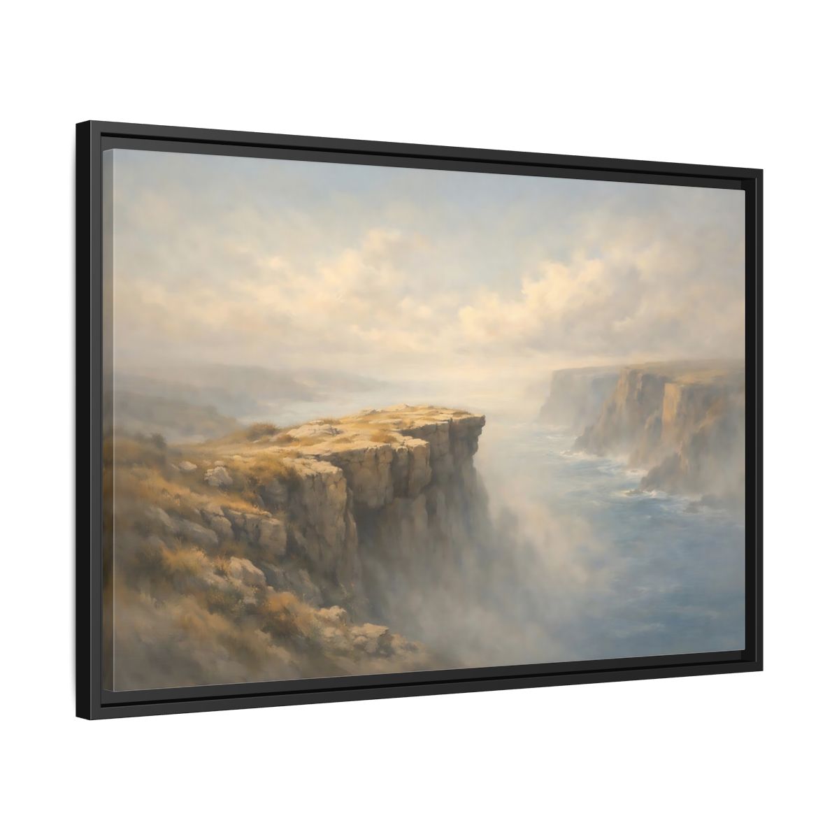 Side Mockup 14. Nature Coastal Cliffs Misty Coastal Scene shown as stretched canvas wall art