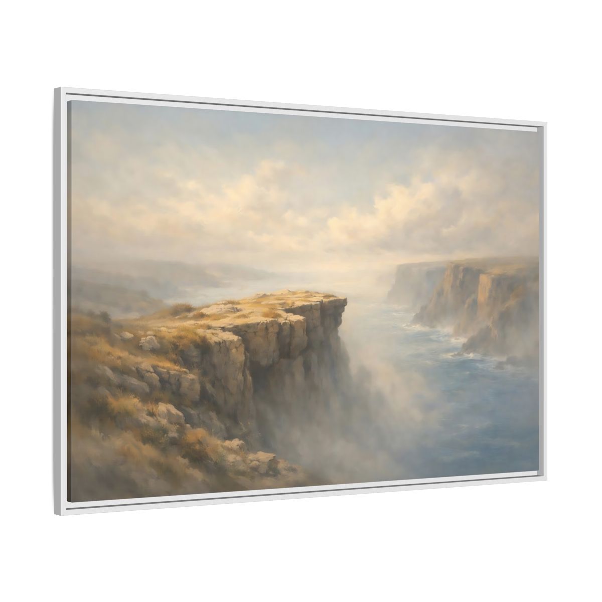 Side Mockup 7. Nature Coastal Cliffs Misty Coastal Scene shown as stretched canvas wall art