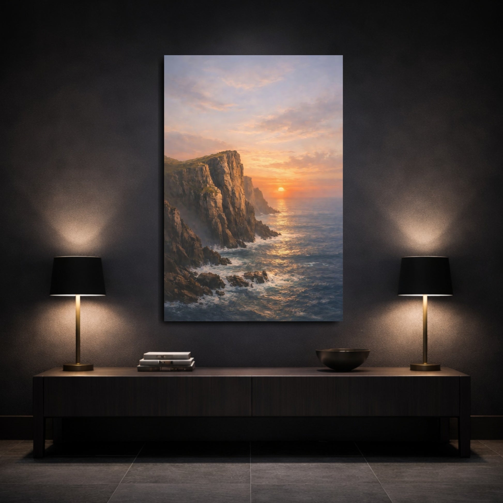 Mockup 2. Nature Coastal Cliffs Orange And Blue Sunset shown as stretched canvas wall art