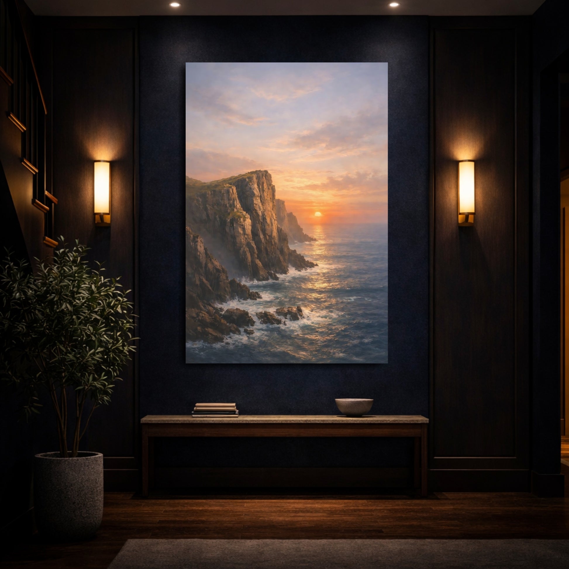 Mockup 3. Nature Coastal Cliffs Orange And Blue Sunset shown as stretched canvas wall art
