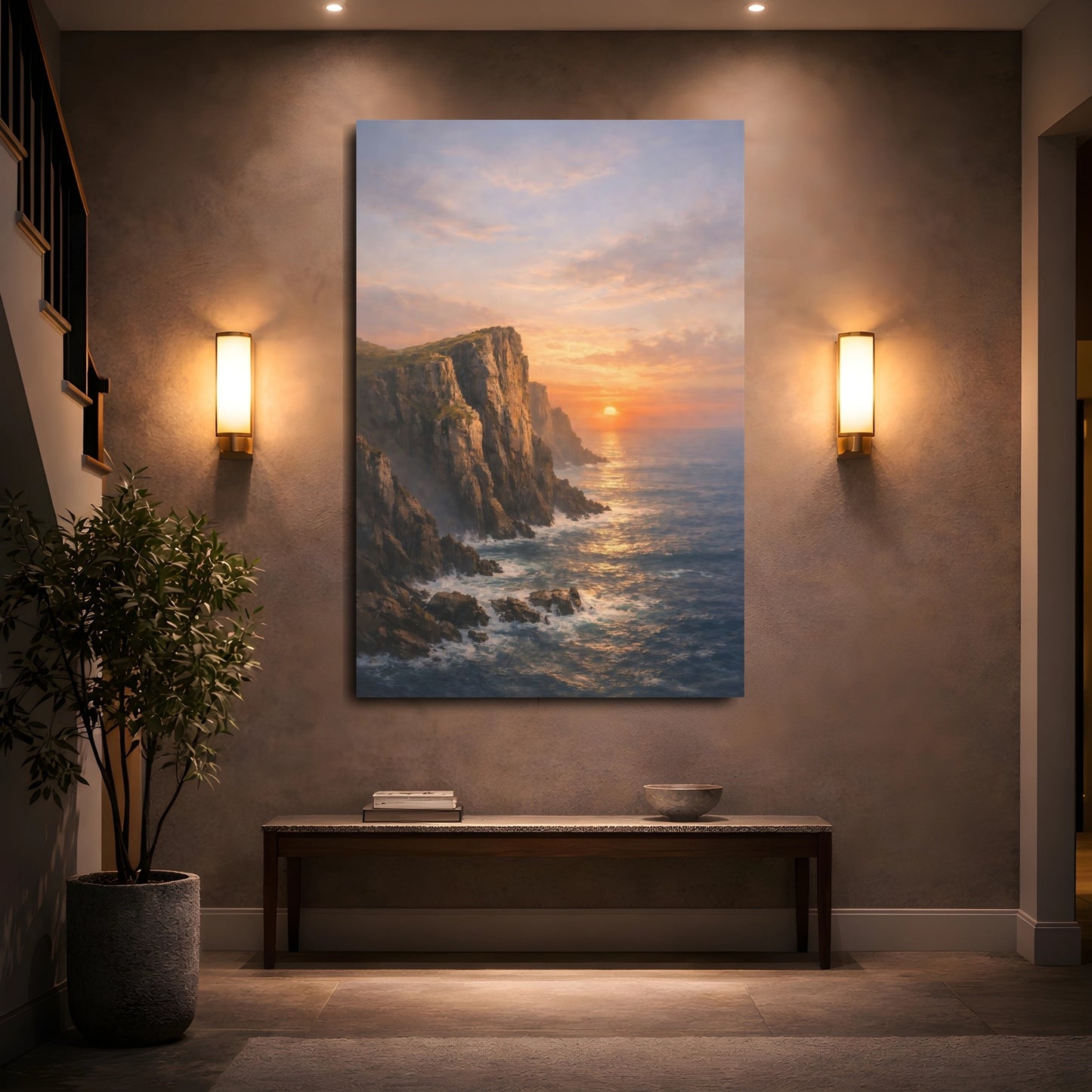 Mockup 4. Nature Coastal Cliffs Orange And Blue Sunset shown as stretched canvas wall art