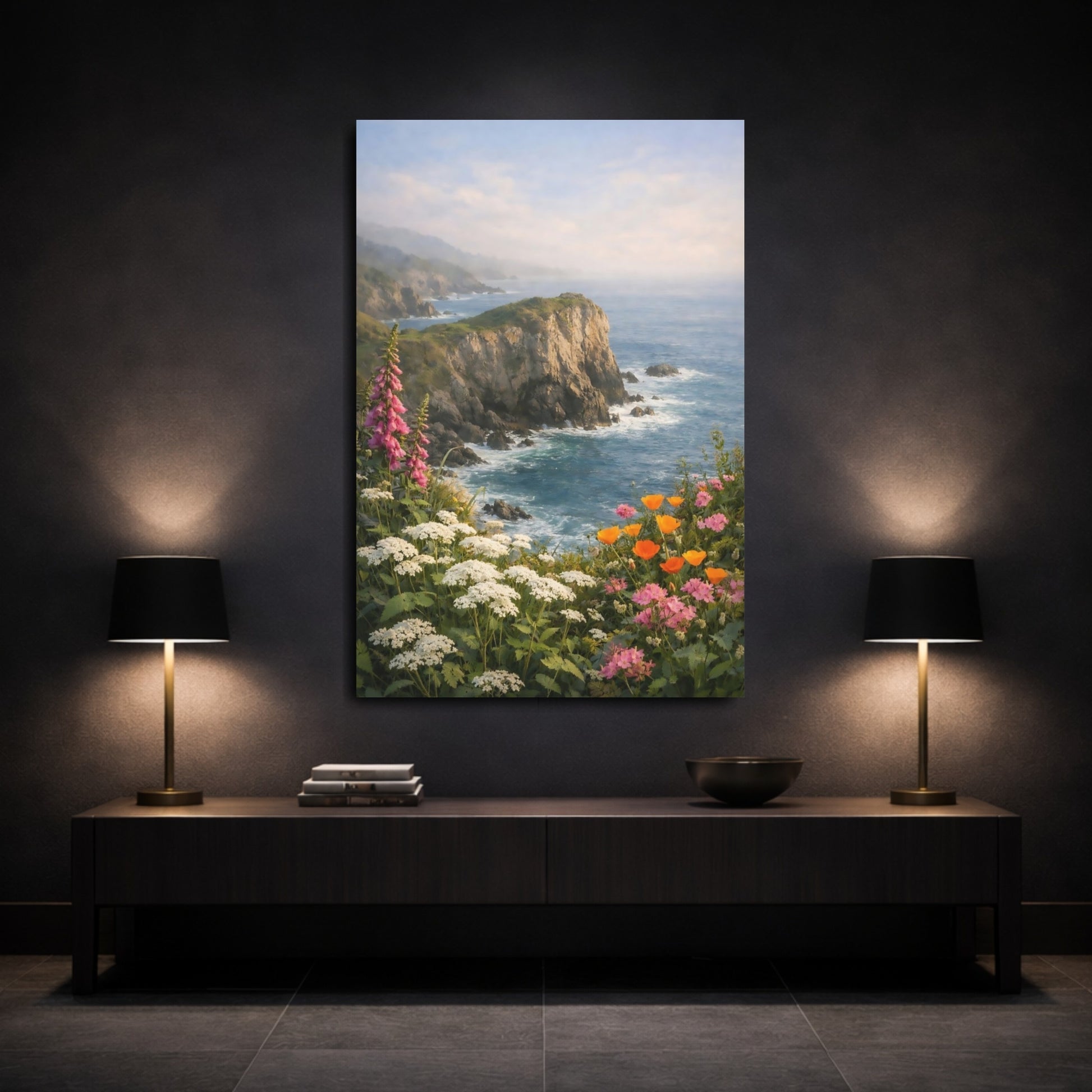 Mockup 2. Nature Coastal Cliffs Vibrant Coastal View shown as stretched canvas wall art
