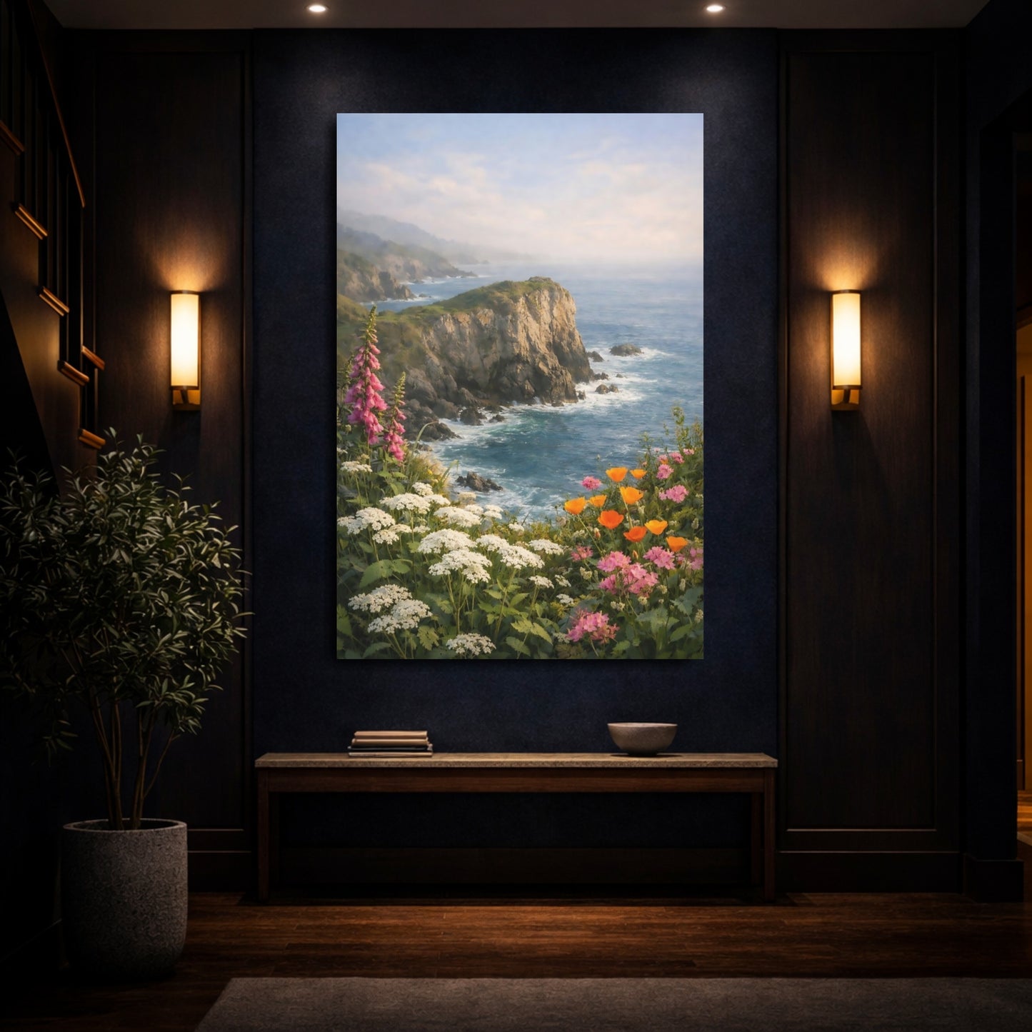 Mockup 3. Nature Coastal Cliffs Vibrant Coastal View shown as stretched canvas wall art