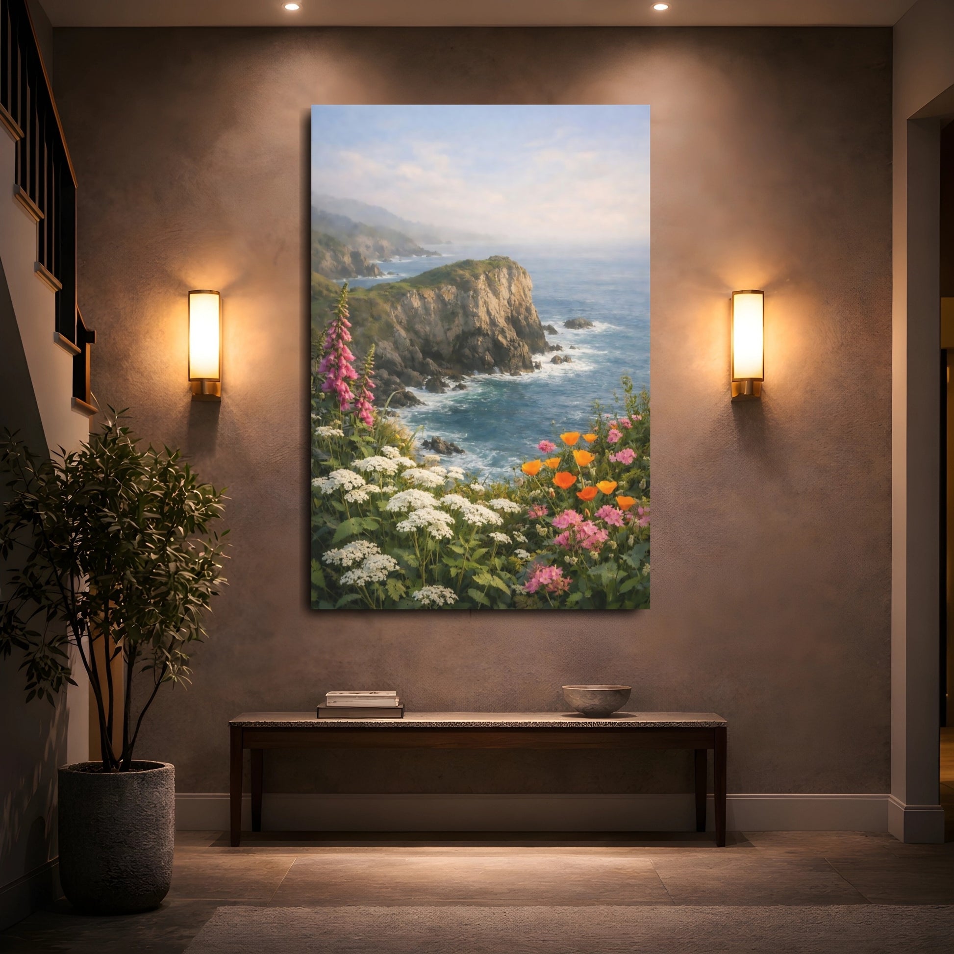 Mockup 4. Nature Coastal Cliffs Vibrant Coastal View shown as stretched canvas wall art