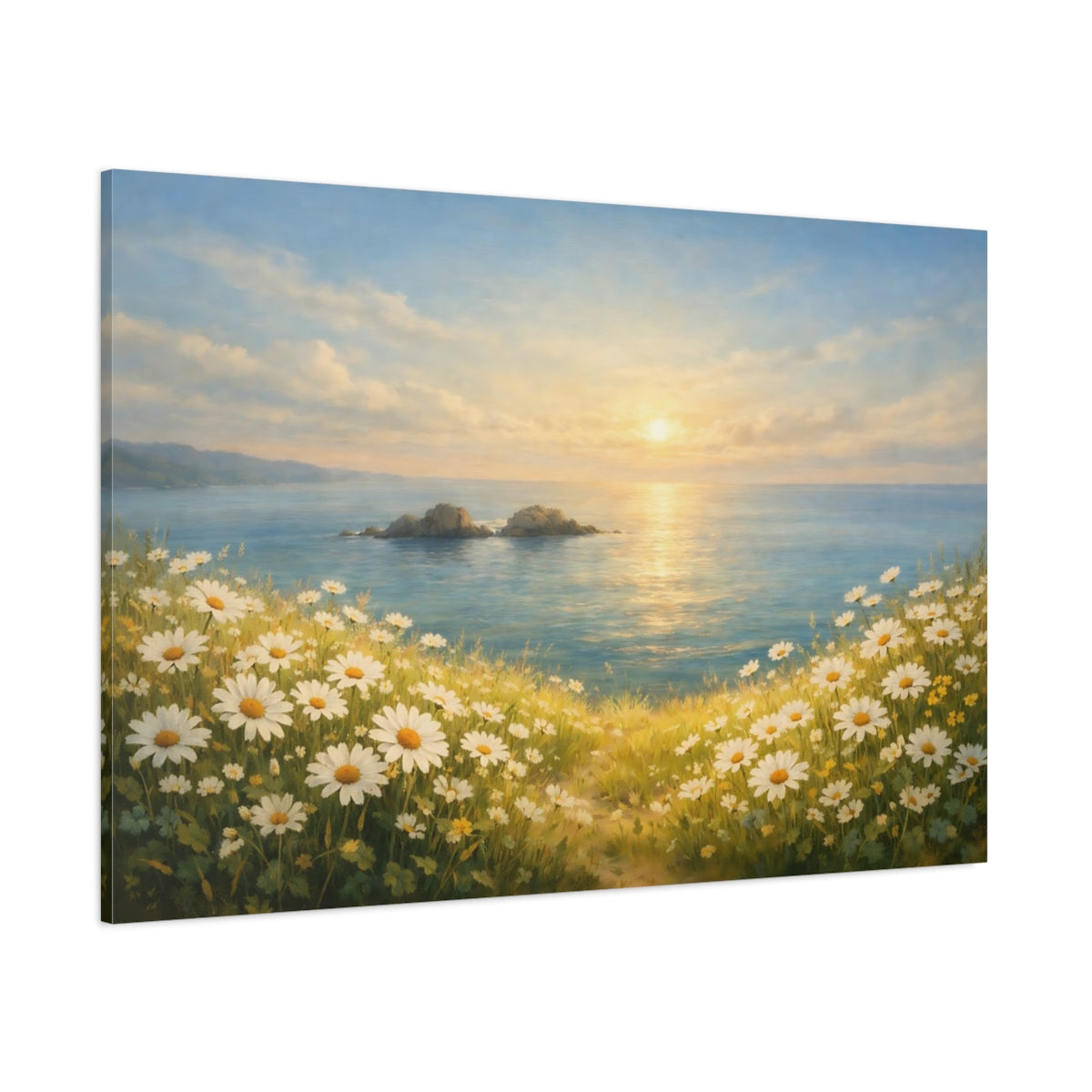 Main Mockup. Nature Coastal Daisies Coastal Daisy Field shown as stretched canvas wall art