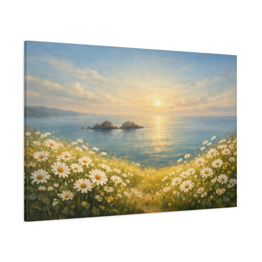 Main Mockup. Nature Coastal Daisies Coastal Daisy Field shown as stretched canvas wall art