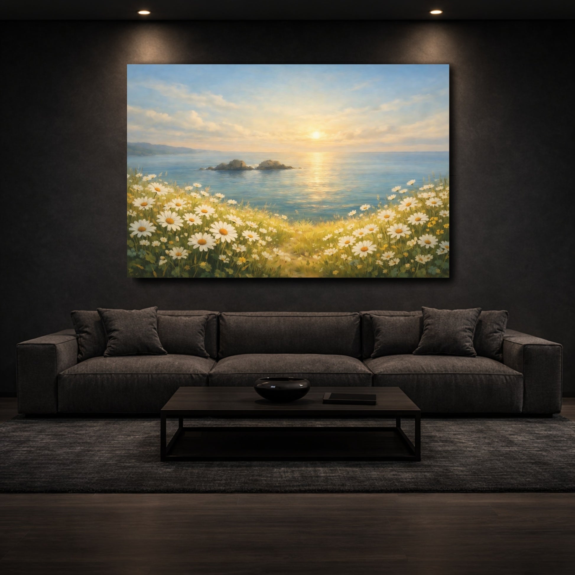 Mockup 2. Nature Coastal Daisies Coastal Daisy Field shown as stretched canvas wall art