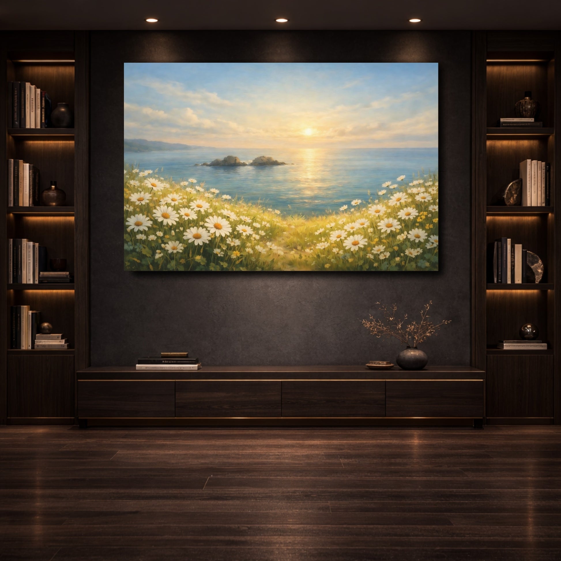 Mockup 3. Nature Coastal Daisies Coastal Daisy Field shown as stretched canvas wall art