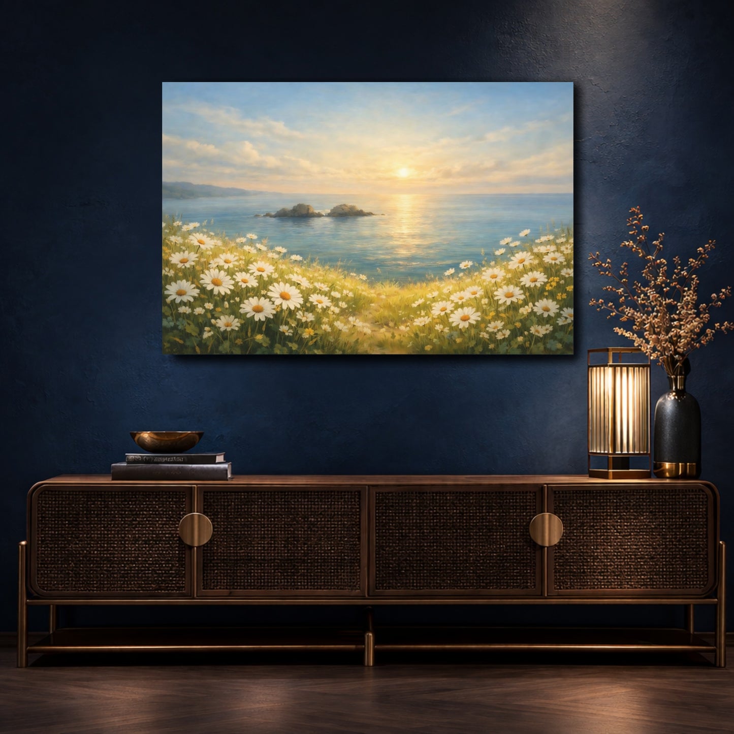 Mockup 4. Nature Coastal Daisies Coastal Daisy Field shown as stretched canvas wall art