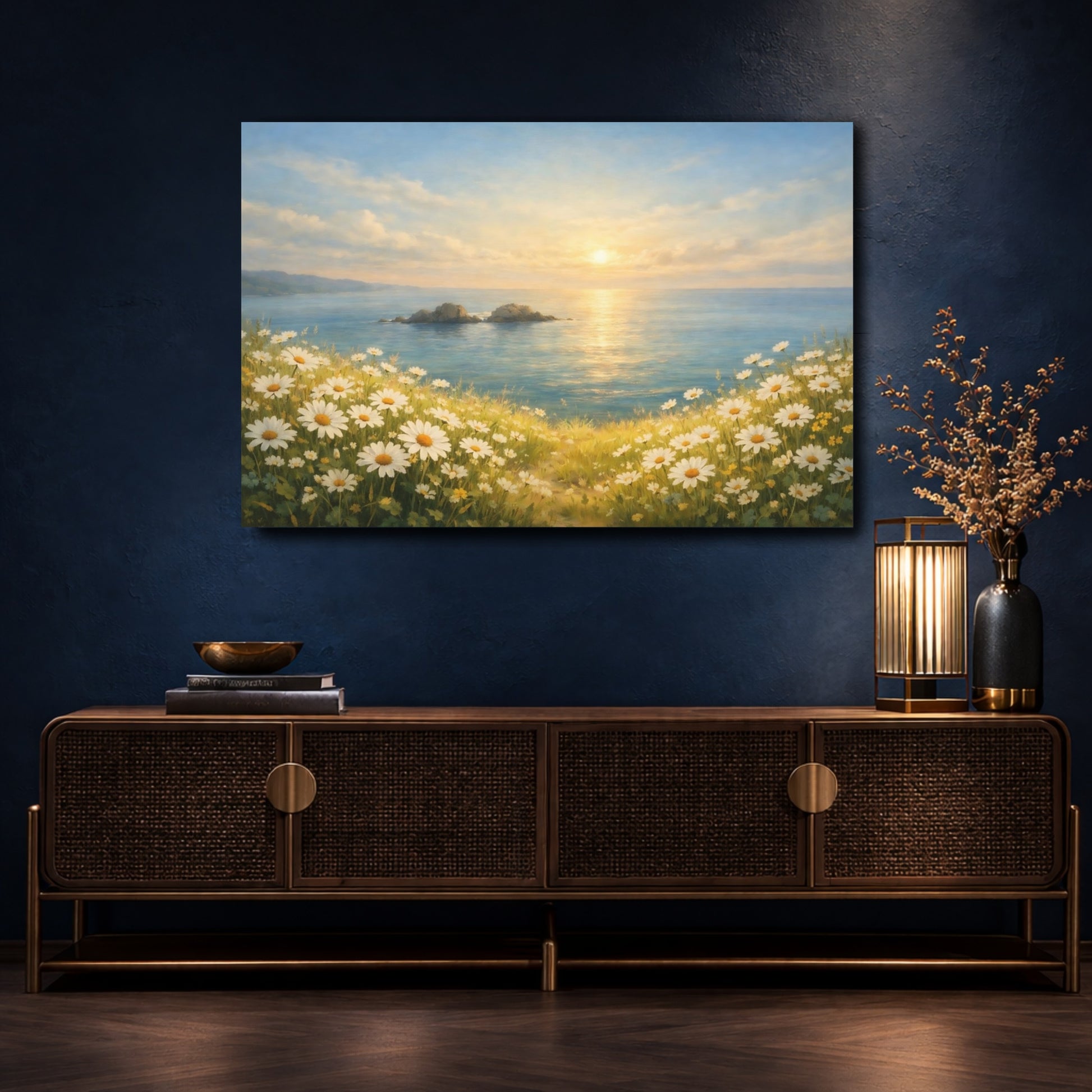 Mockup 4. Nature Coastal Daisies Coastal Daisy Field shown as stretched canvas wall art