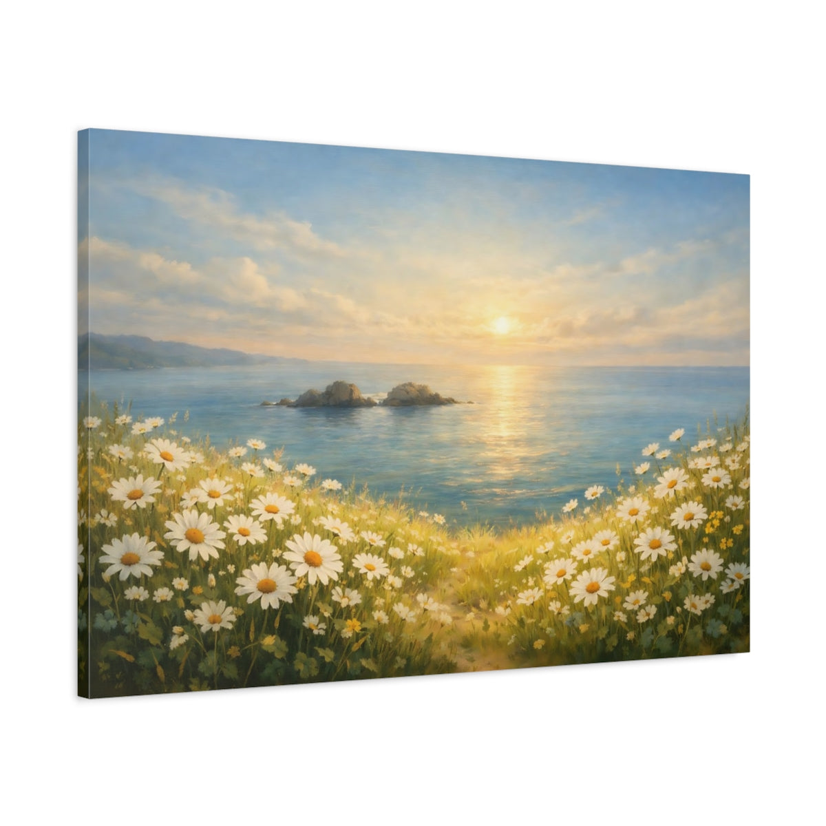 Side Mockup 1. Nature Coastal Daisies Coastal Daisy Field shown as stretched canvas wall art