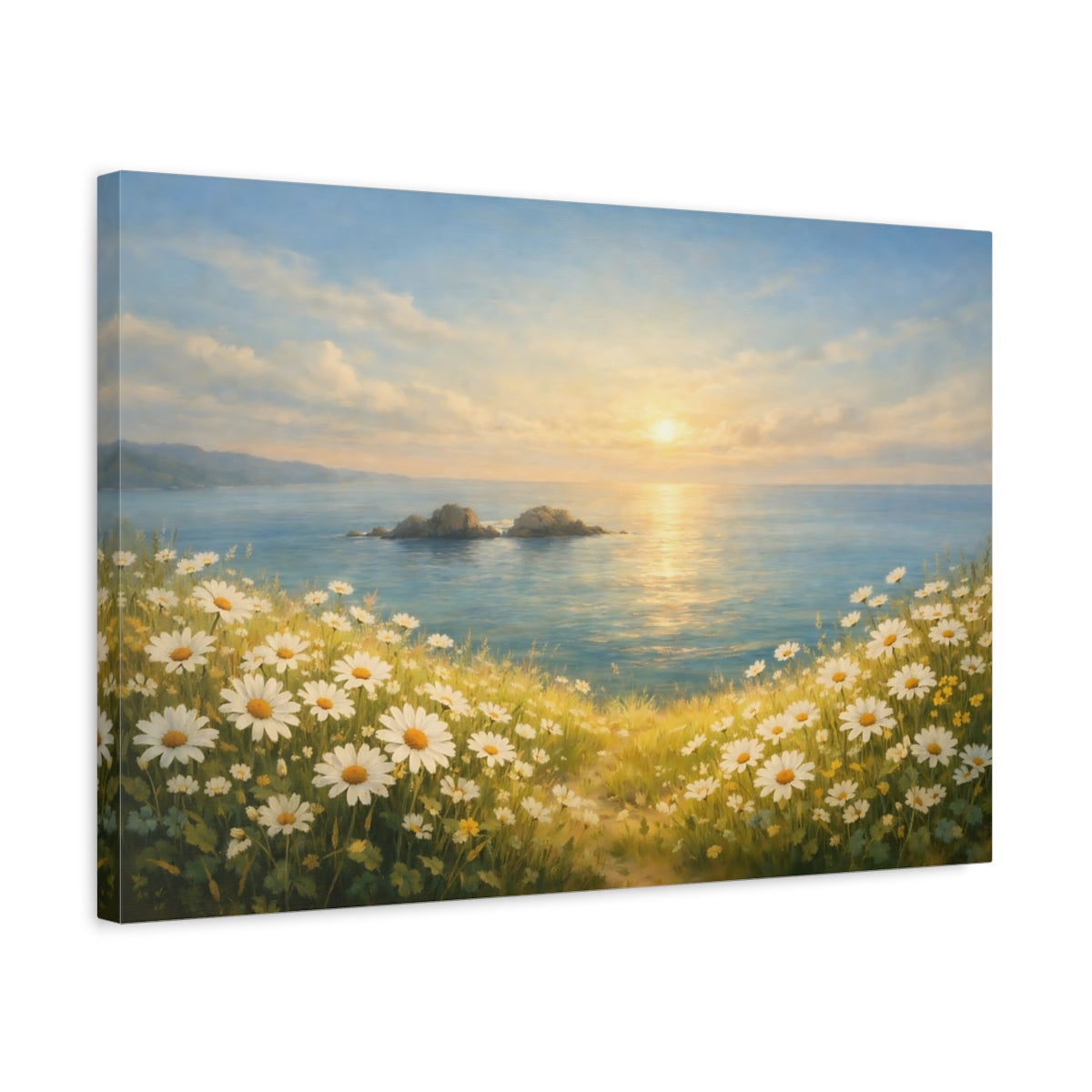 Side Mockup 3. Nature Coastal Daisies Coastal Daisy Field shown as stretched canvas wall art