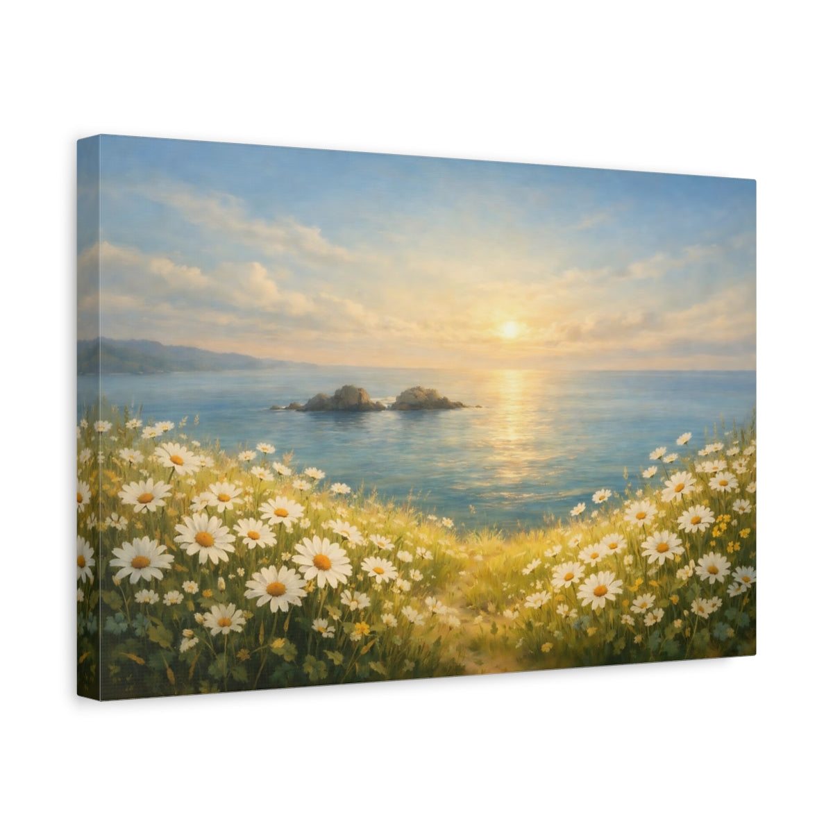 Side Mockup 4. Nature Coastal Daisies Coastal Daisy Field shown as stretched canvas wall art