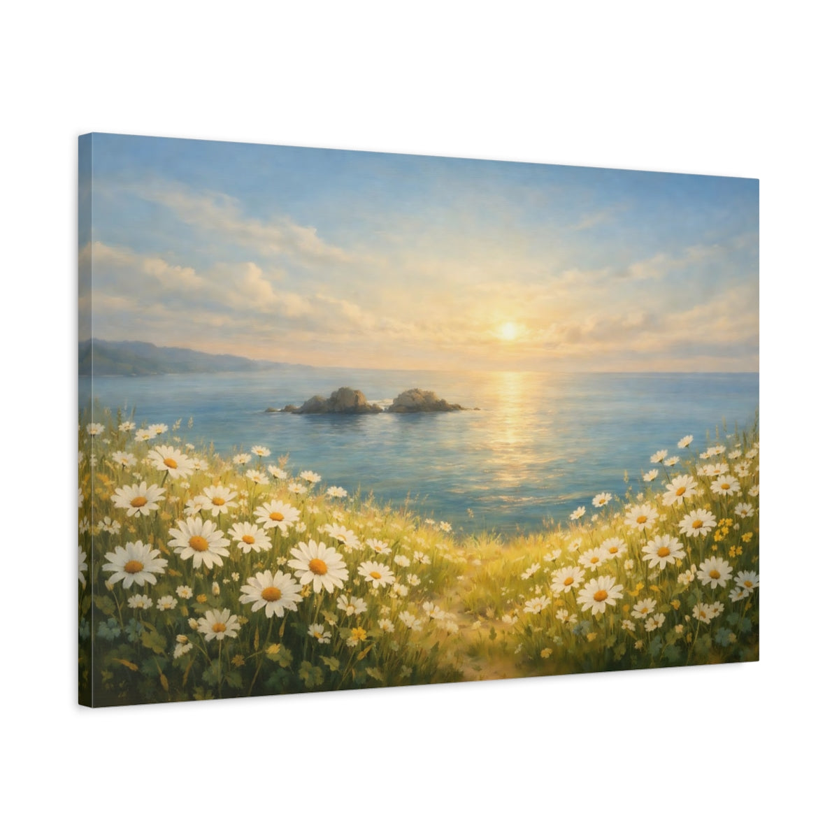 Side Mockup 2. Nature Coastal Daisies Coastal Daisy Field shown as stretched canvas wall art