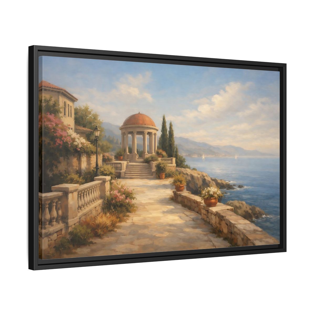 Side Mockup 14. Nature Coastal Gazebo Blue And Beige shown as stretched canvas wall art