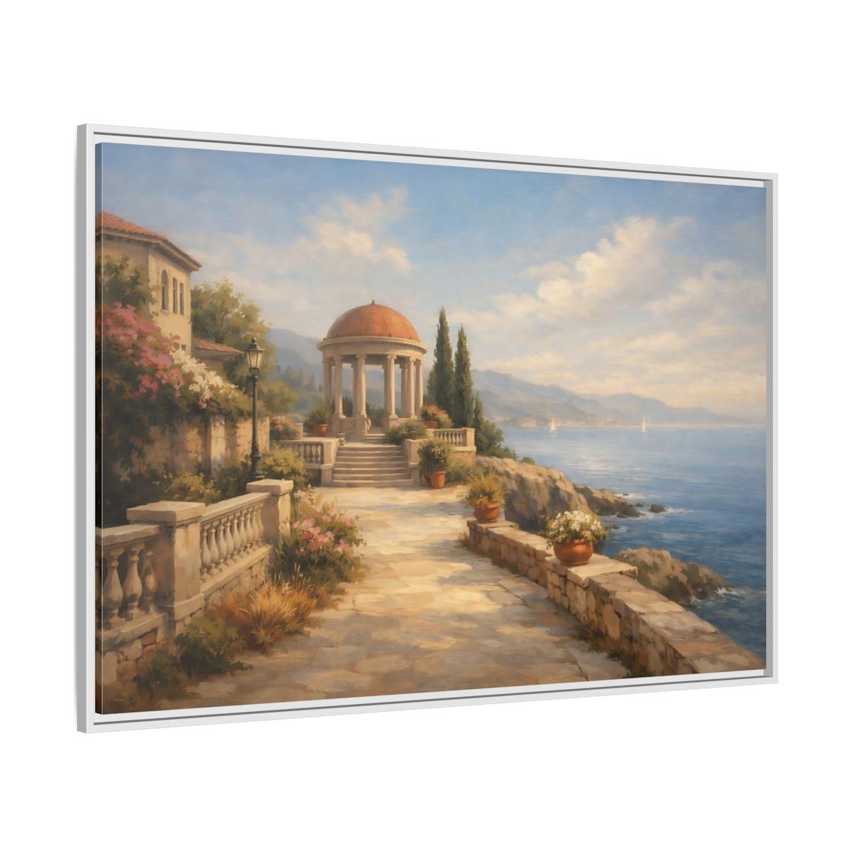 Side Mockup 7. Nature Coastal Gazebo Blue And Beige shown as stretched canvas wall art