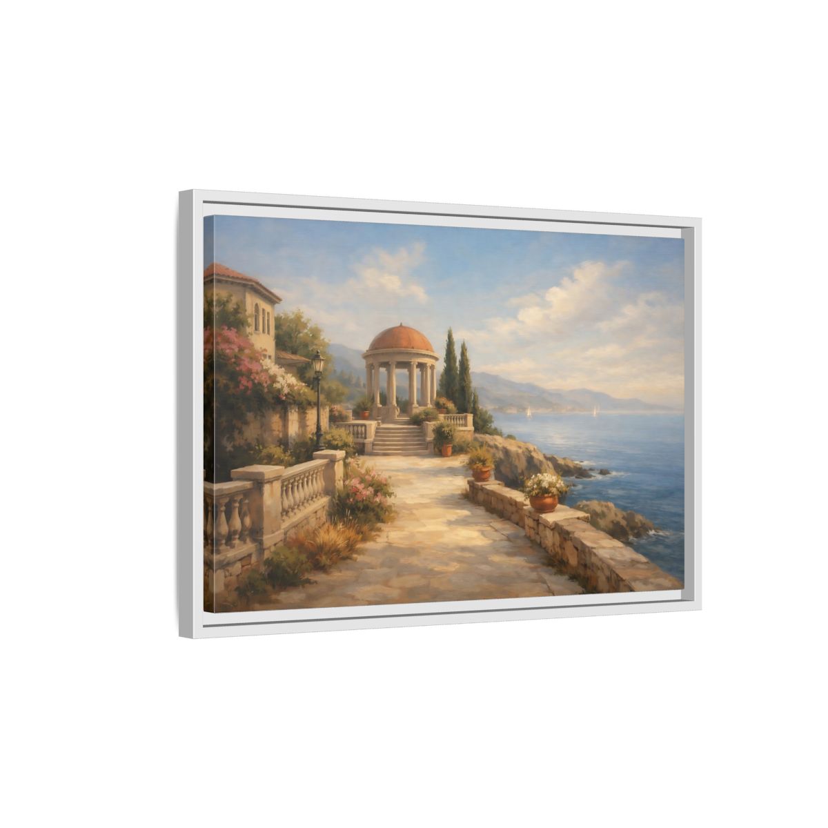 Side Mockup 1. Nature Coastal Gazebo Blue And Beige shown as stretched canvas wall art
