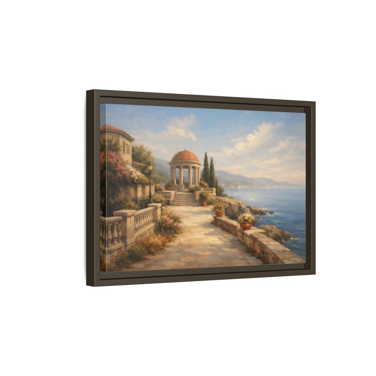 Side Mockup 5. Nature Coastal Gazebo Blue And Beige shown as stretched canvas wall art