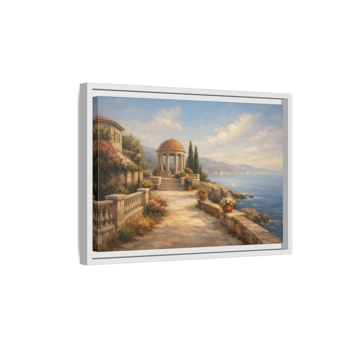 Side Mockup 4. Nature Coastal Gazebo Blue And Beige shown as stretched canvas wall art