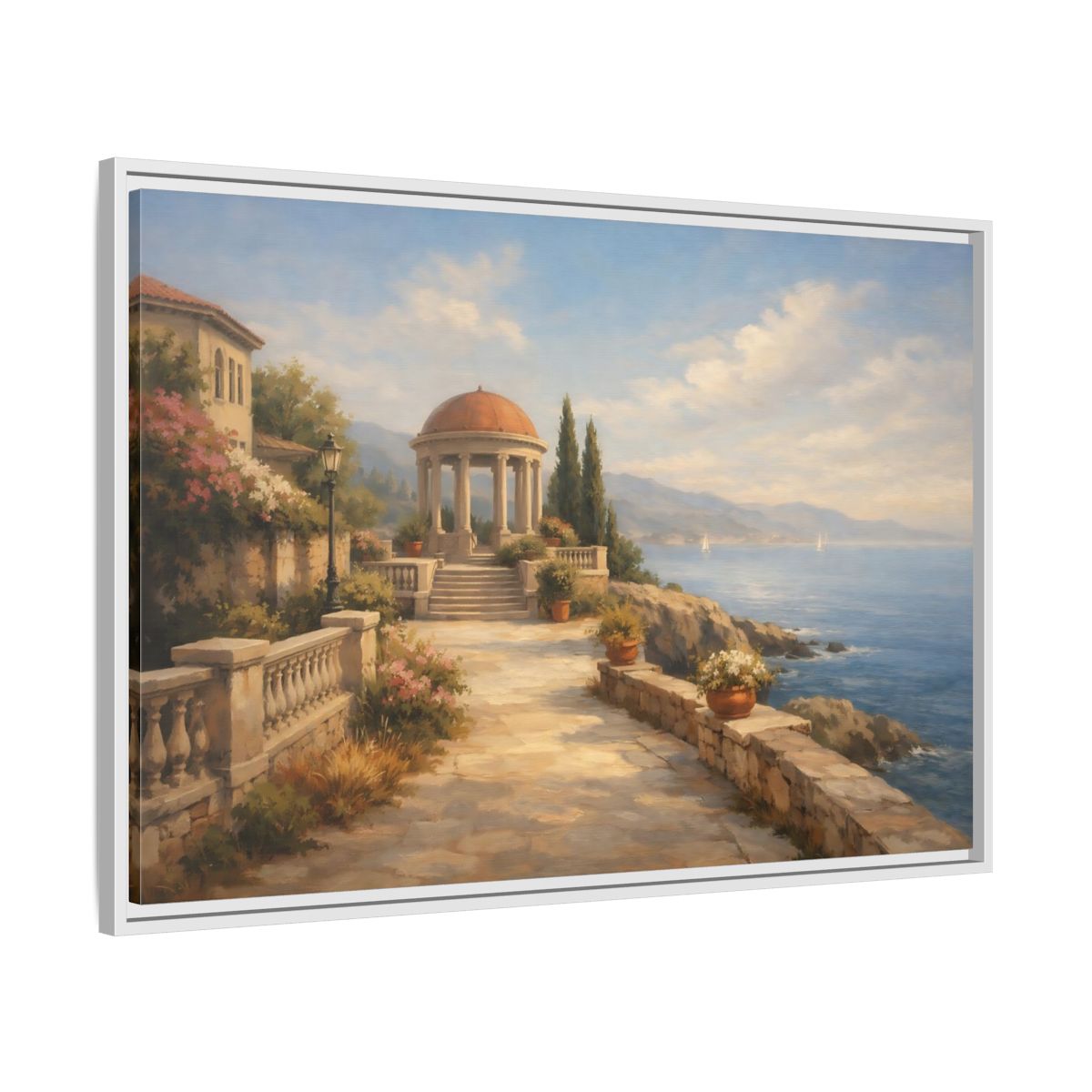 Side Mockup 8. Nature Coastal Gazebo Blue And Beige shown as stretched canvas wall art