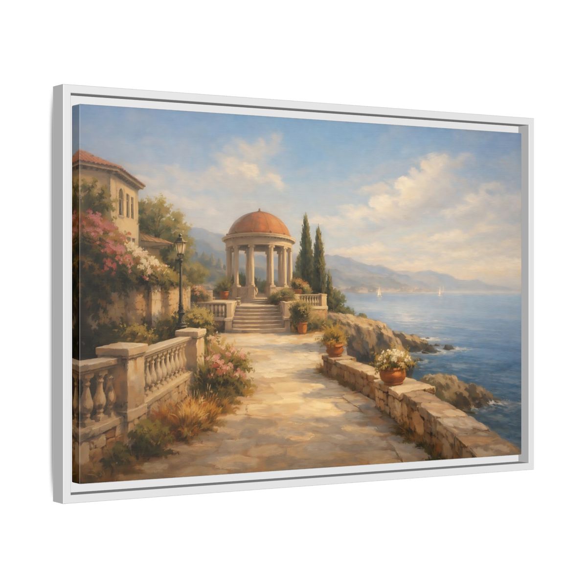 Side Mockup 10. Nature Coastal Gazebo Blue And Beige shown as stretched canvas wall art