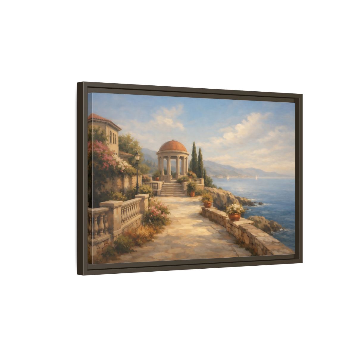 Side Mockup 2. Nature Coastal Gazebo Blue And Beige shown as stretched canvas wall art