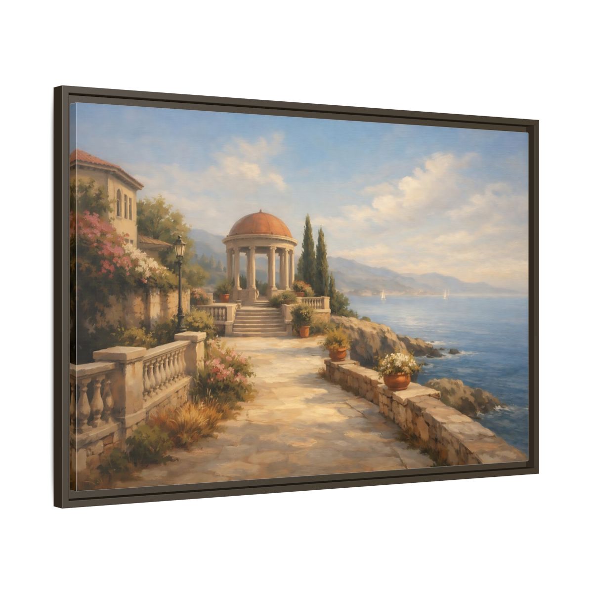 Side Mockup 9. Nature Coastal Gazebo Blue And Beige shown as stretched canvas wall art