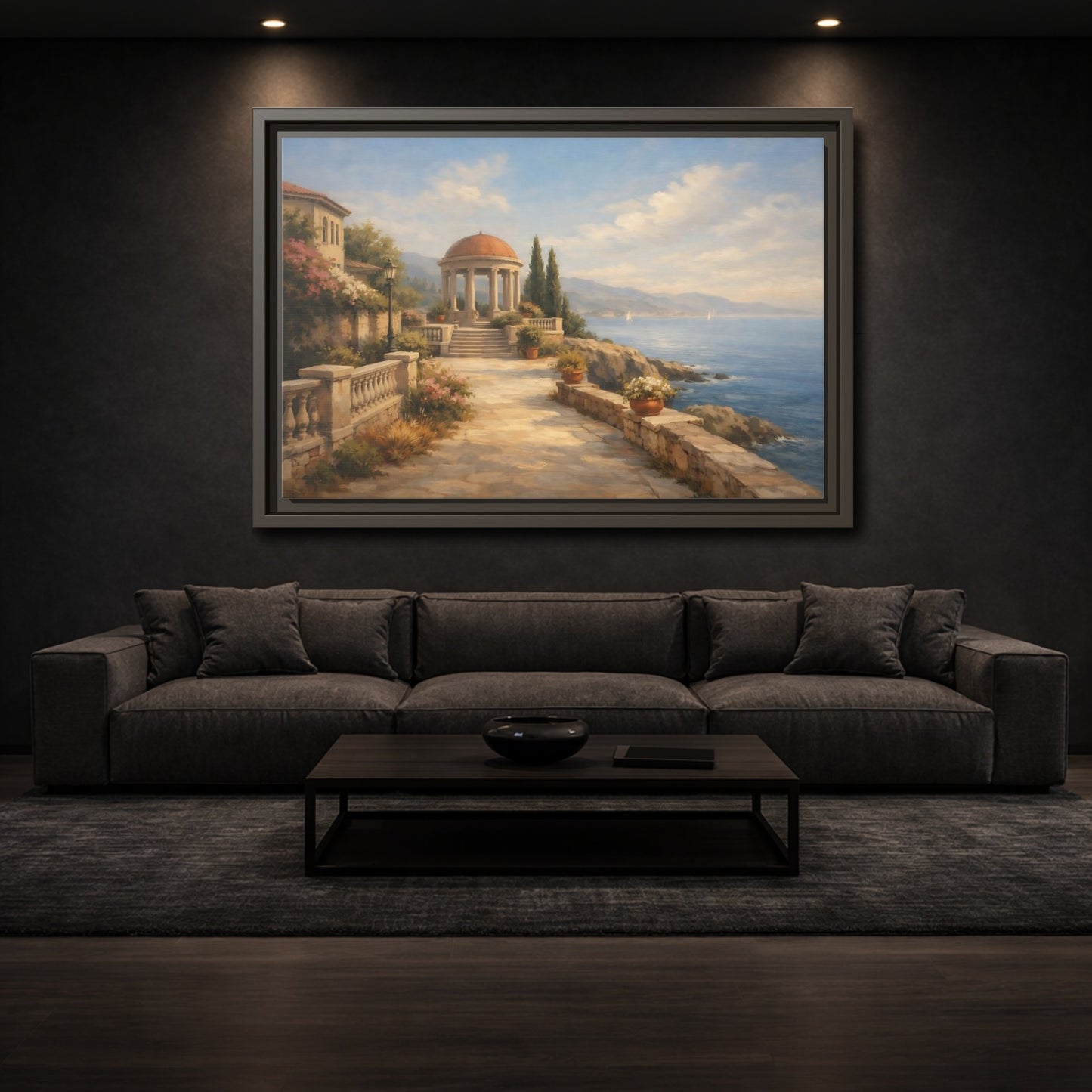 Mockup 2. Nature Coastal Gazebo Blue And Beige shown as stretched canvas wall art