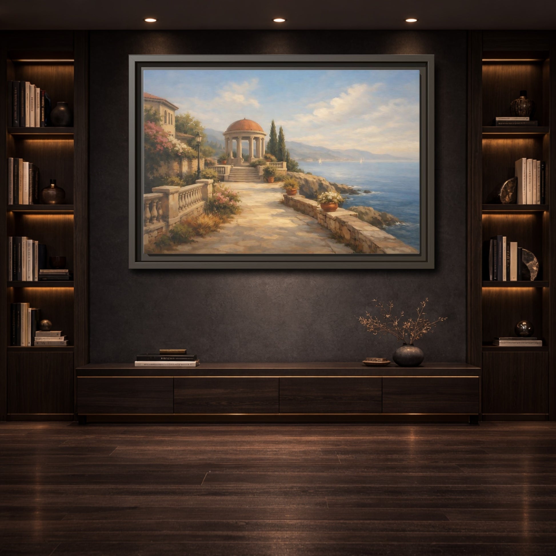 Mockup 3. Nature Coastal Gazebo Blue And Beige shown as stretched canvas wall art