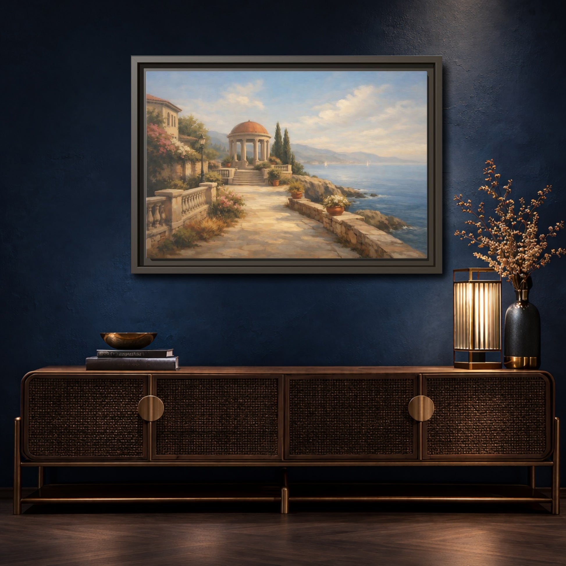 Mockup 4. Nature Coastal Gazebo Blue And Beige shown as stretched canvas wall art